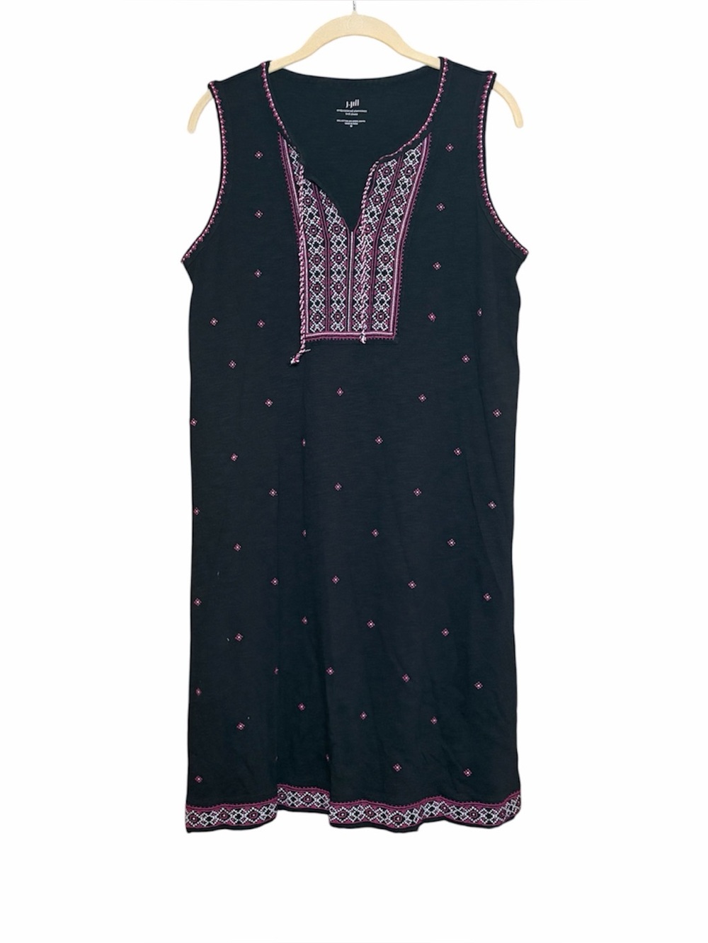 J.Jill Embroidered Shift Dress M Knit V-Neck Sleeveless Knee Length Black Pink